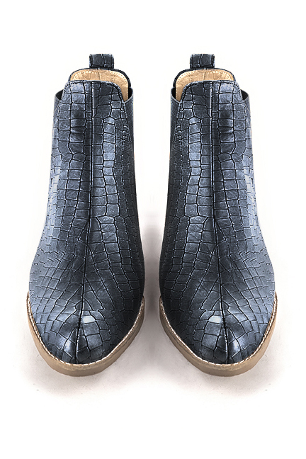 Denim blue women's ankle boots, with elastics. Round toe. Low leather soles. Top view - Florence KOOIJMAN